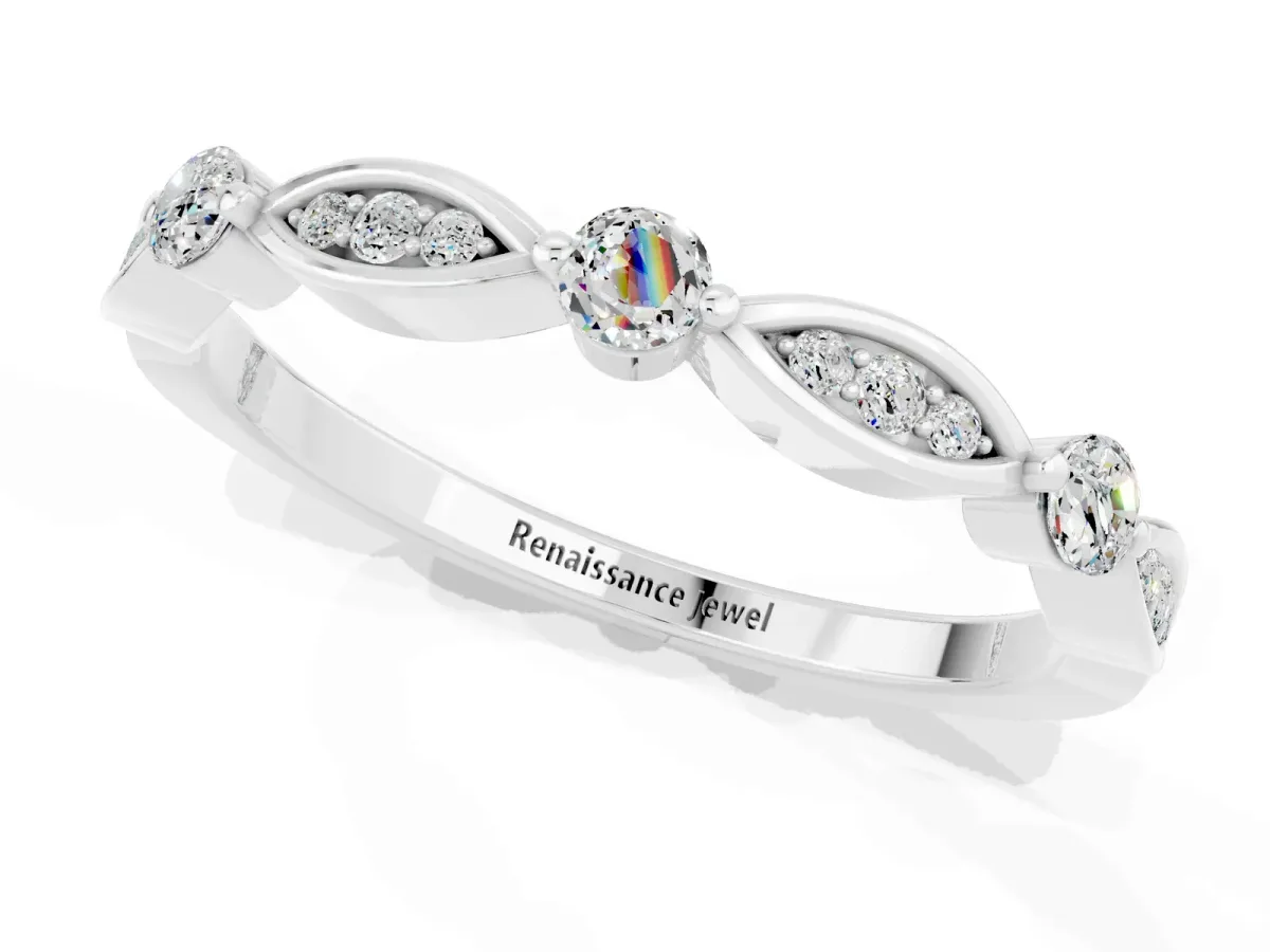 Marquise and Round Moissanite Milgrain Band with Bezel Setting Platinum