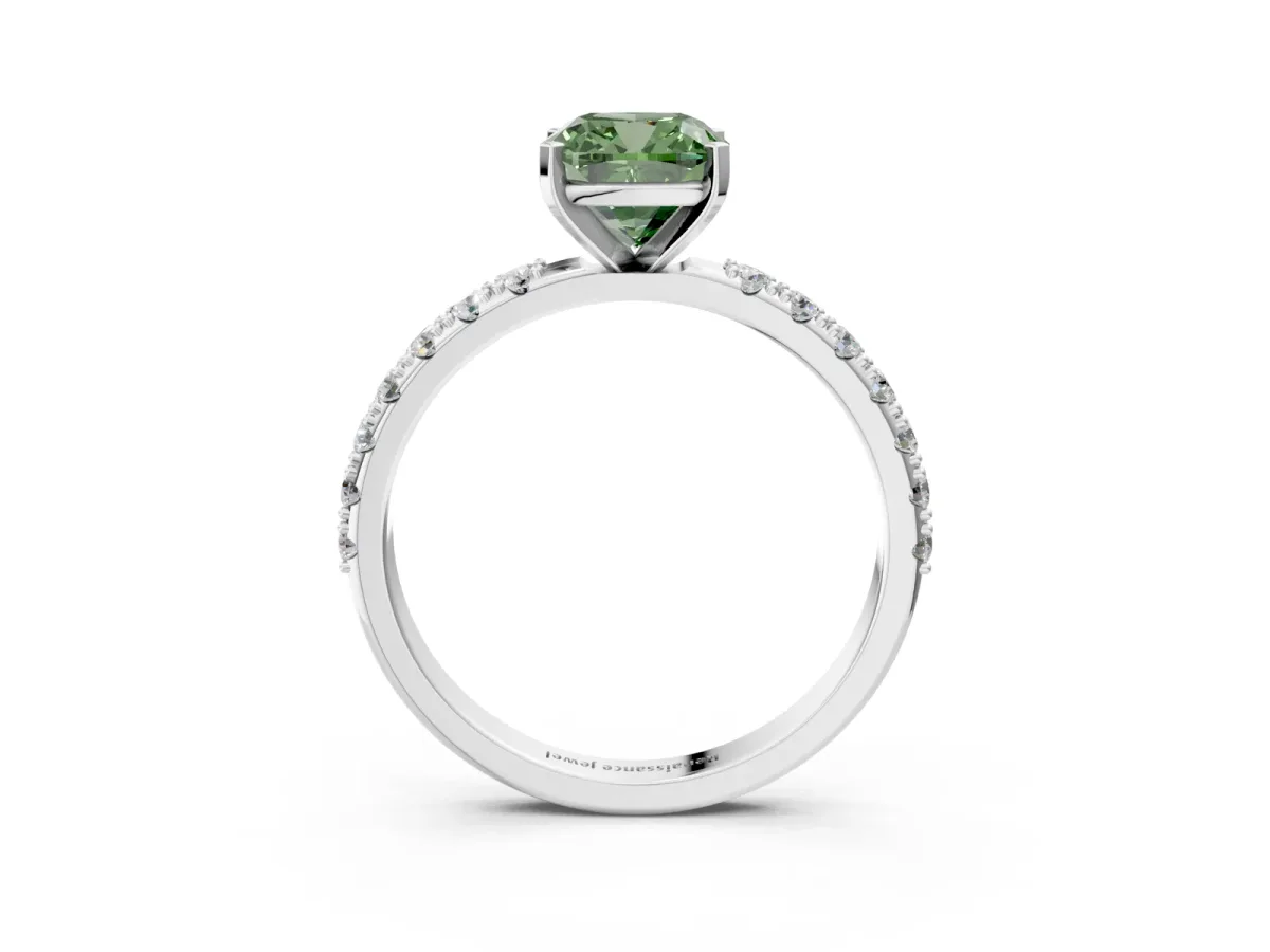 Fancy Green Cushion Cut Diamond Solitaire Pavé Band with Four-Prong Setting Silver