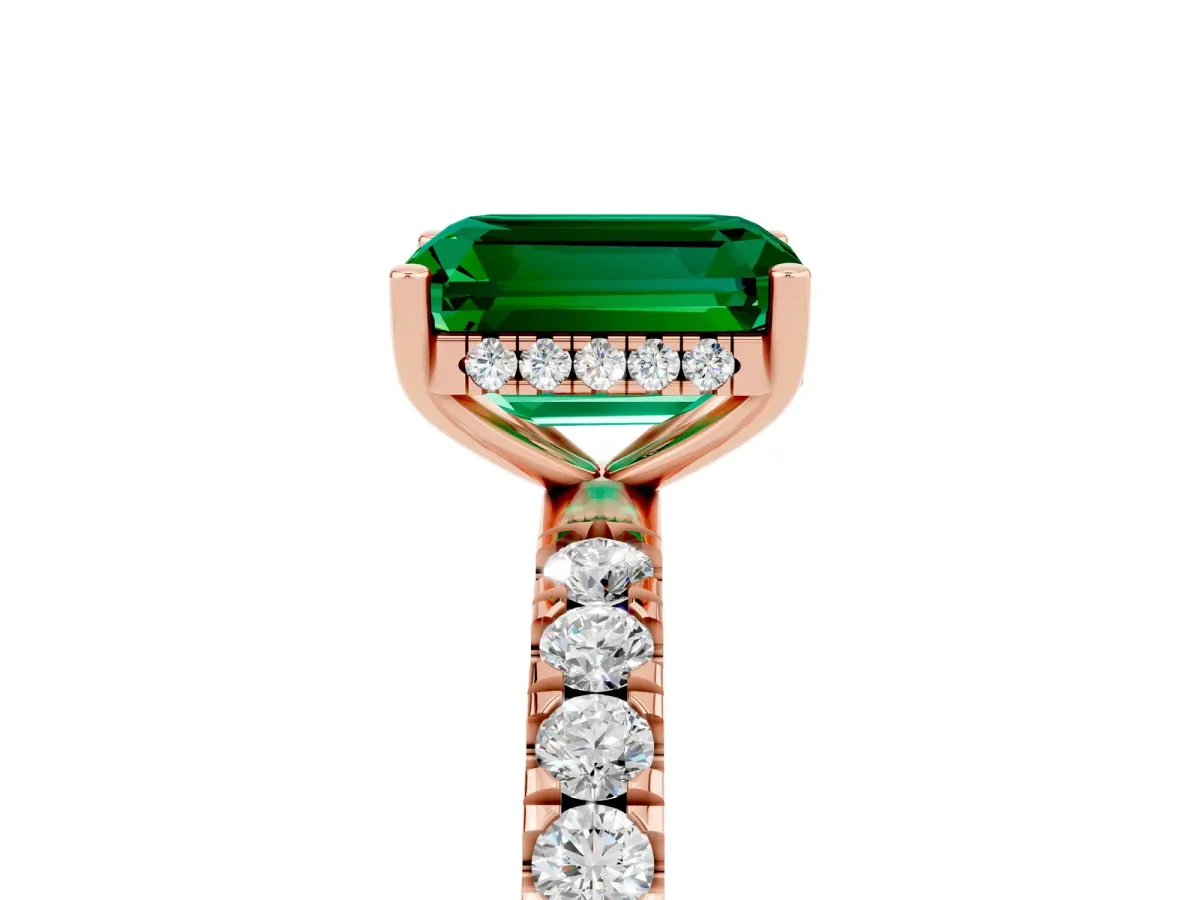 Emerald Cut Emerald Pave Band Solitaire Ring with Round and Prong Setting Rose gold