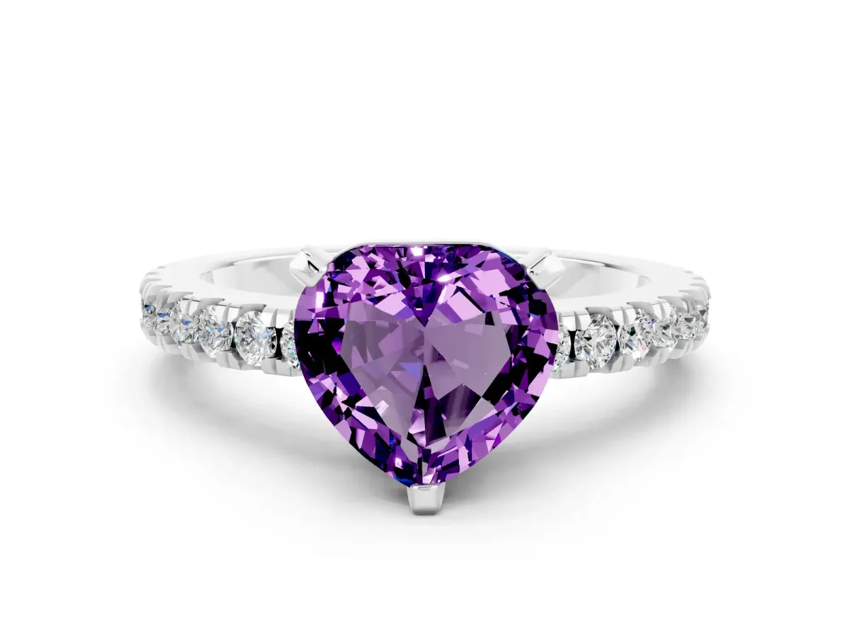 Heart Cut Solitaire Amethyst with Pavé Band and Four-Prong Setting Silver
