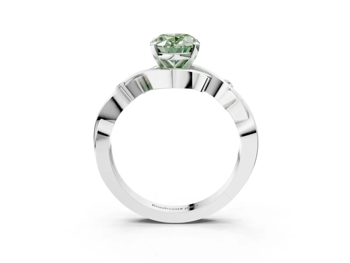 Fancy Green Oval Cut Diamond Solitaire Ring with Twisted Band and Prong Setting Platinum