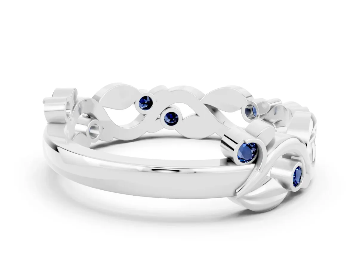 Round Blue Sapphire Leaf Eternity Band with Bezel Setting White gold