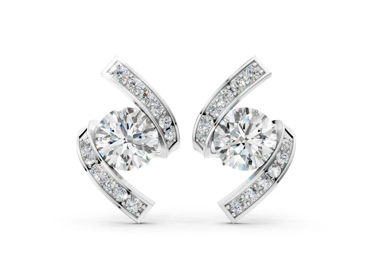 Round Diamond Curve Wave Stud Earrings Platinum