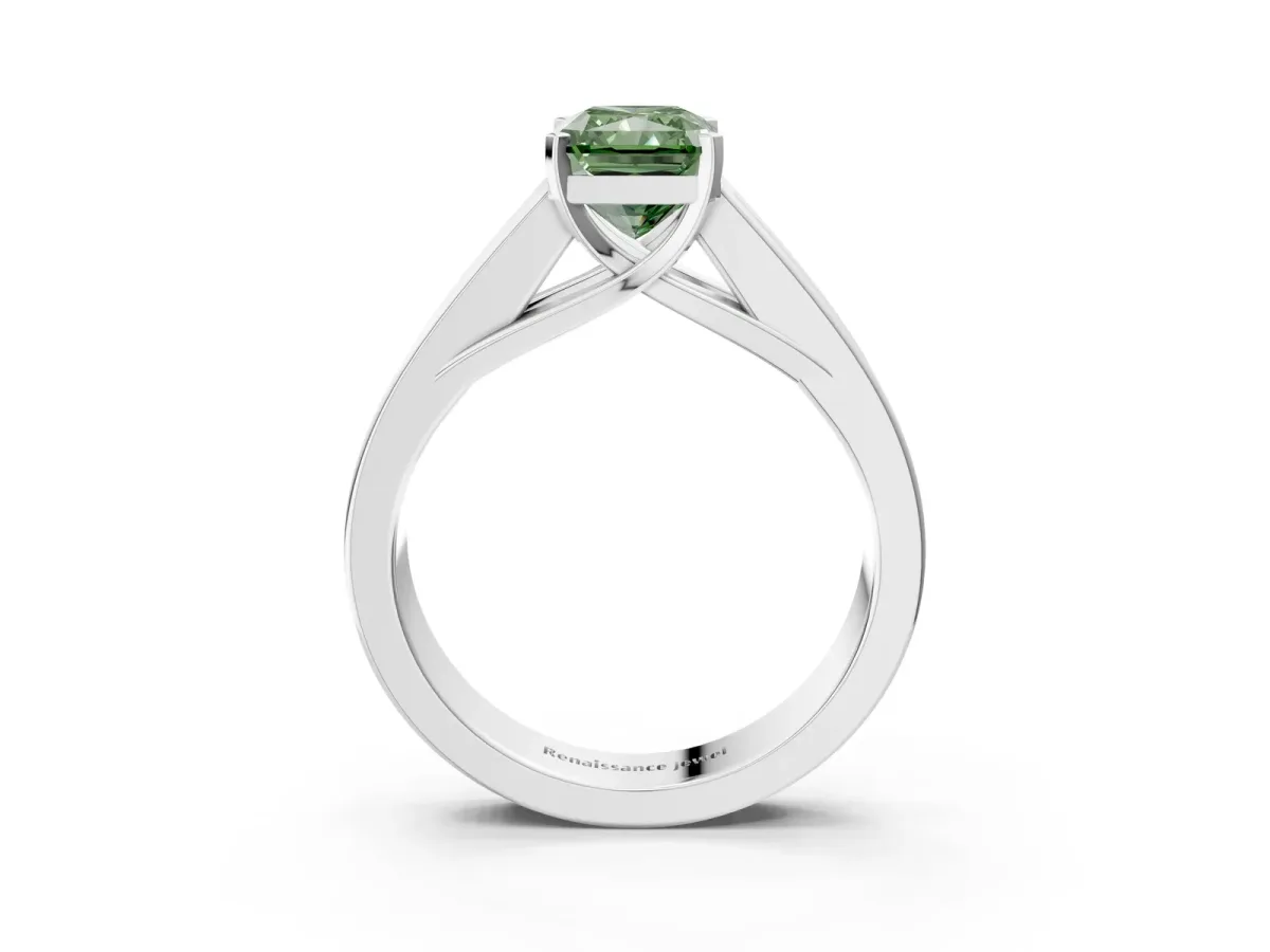 Fancy Green Radiant Cut Cut Channel Set Solitaire Ring with Four-Prong Setting Silver