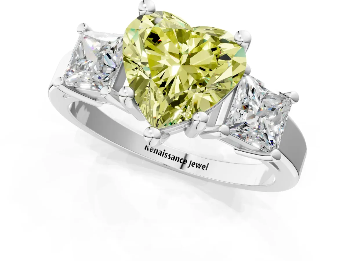 Fancy Yellow Three-Stone Heart Cut Cut Solitaire Ring with Prong Setting Platinum