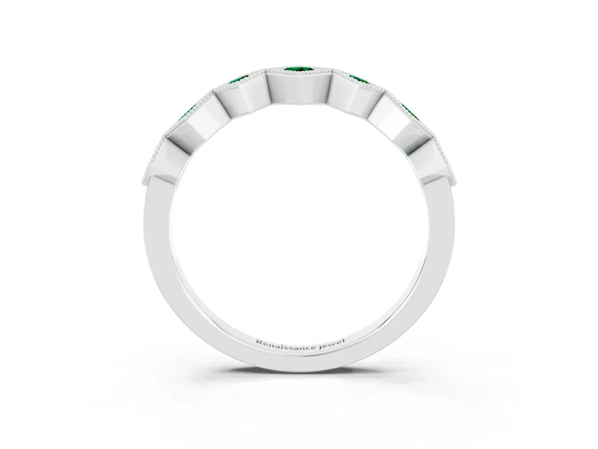 Milgrain Square Bezel Round Emerald Chevron Band Platinum