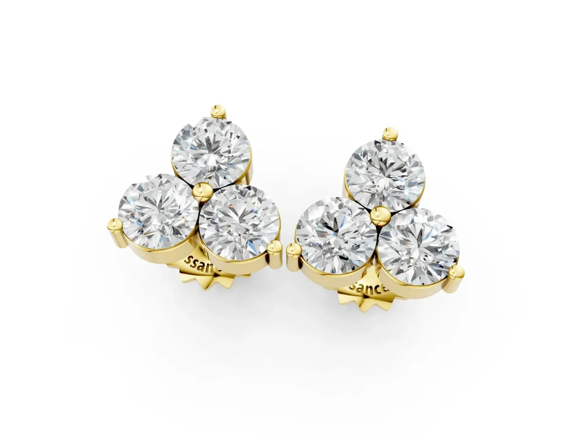 Triangular Cluster Round Diamond Stud Earrings with Prong Setting Yellow gold