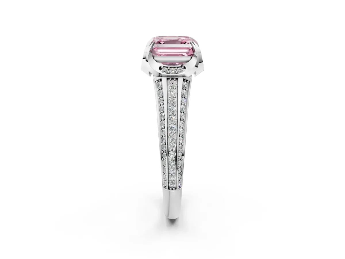 Fancy Pink Asscher Cut Solitaire Pave Split Shank Ring with Four-Prong Setting Platinum