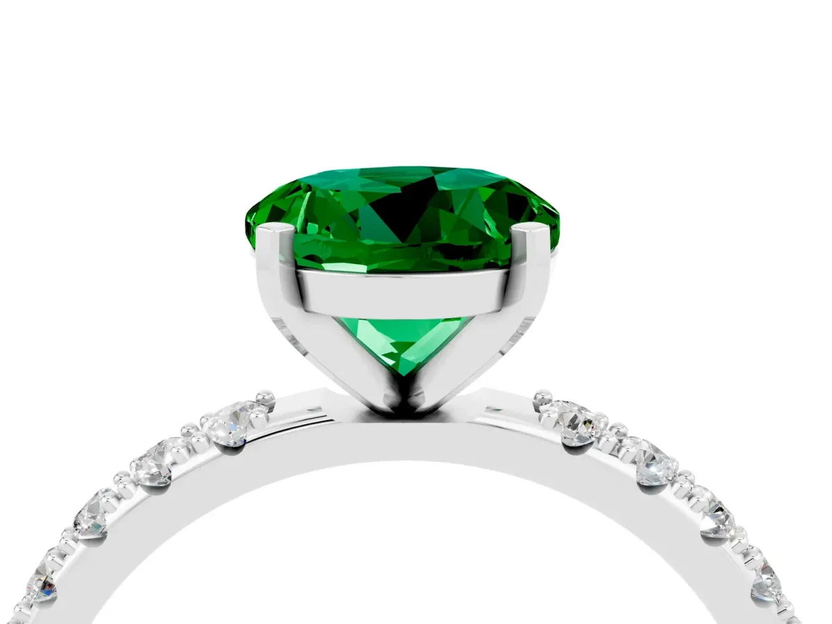 Round Cut Emerald Solitaire Pavé Band with Four-Prong Setting Silver