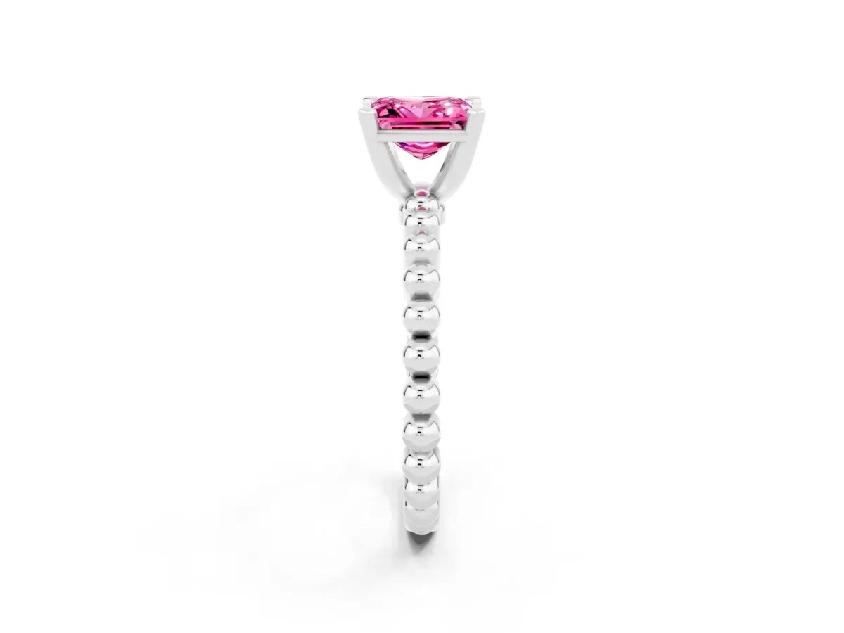 Princess Cut Pink Sapphire Solitaire Ring with Beaded Band and Prong Setting Silver