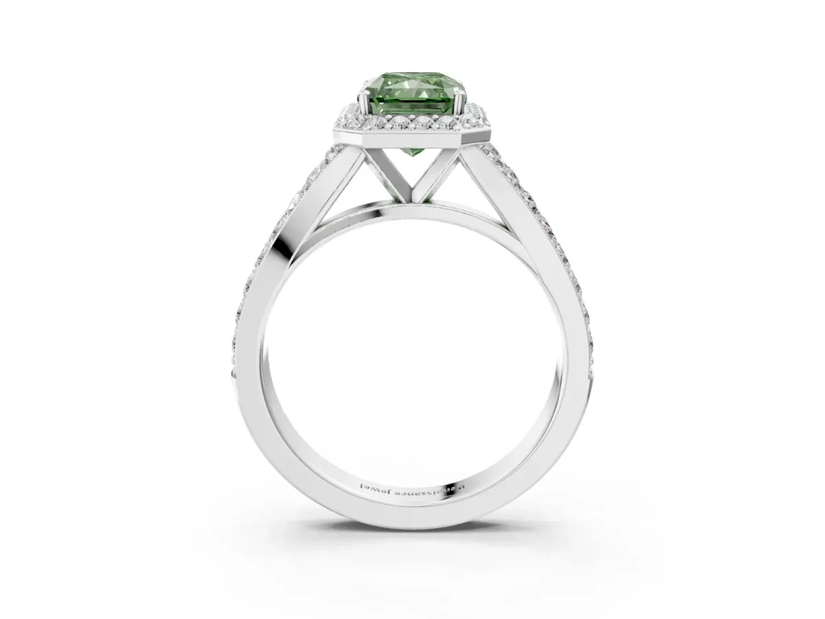 Fancy Green Radiant Cut Diamond Split Shank Halo Ring with Four-Prong Setting Platinum