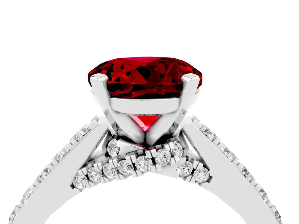 Round Cut Ruby Solitaire Ring with Crossover Gallery and Round Pavé Band Silver