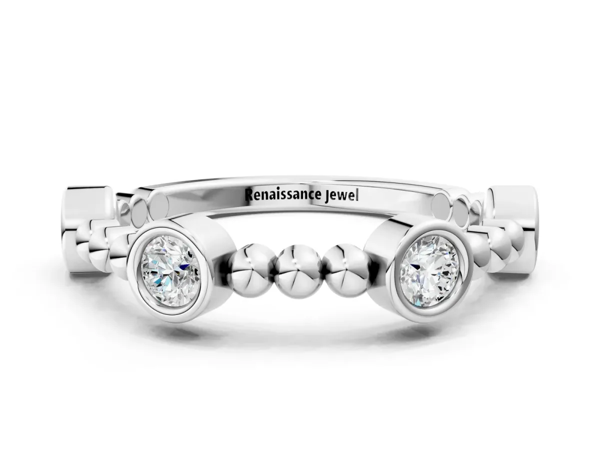 Bezel Set Round Diamond Beaded Band Silver