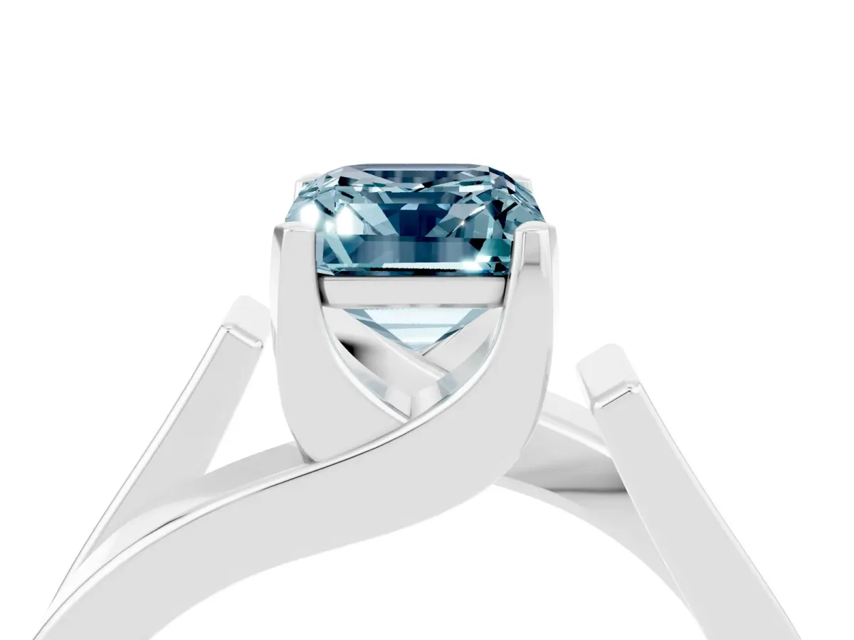Modern Tension Set Emerald Cut Aquamarine Solitaire Wide Band Ring Silver