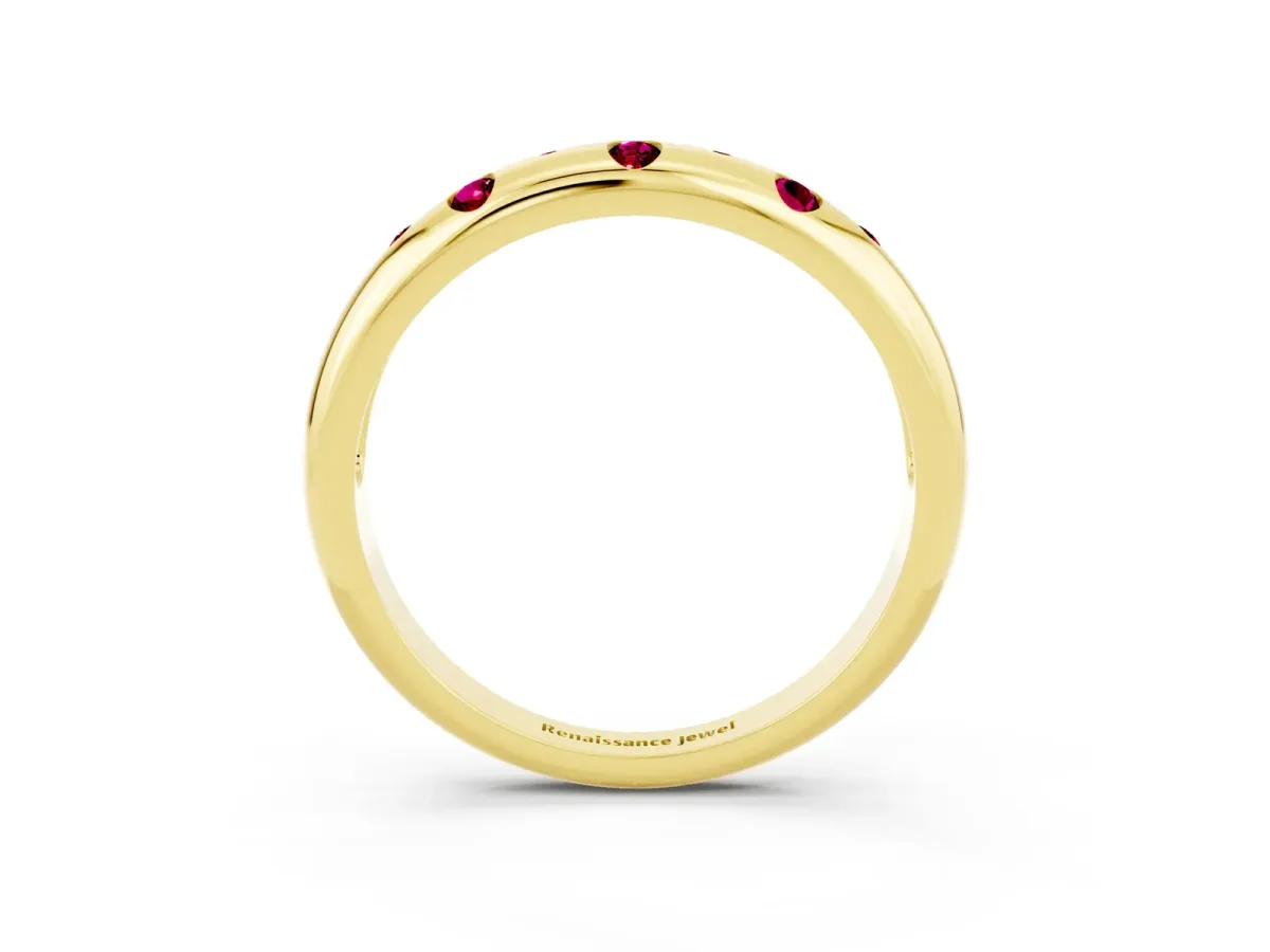 Round Garnet Flush-Set Comfort Fit Band Yellow gold