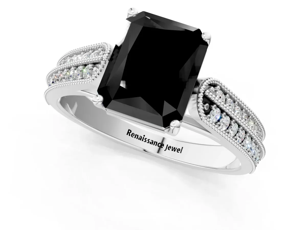 Fancy Black Radiant Cut Cut Pave Split Shank Engagement Ring with Four-Prong Setting Platinum