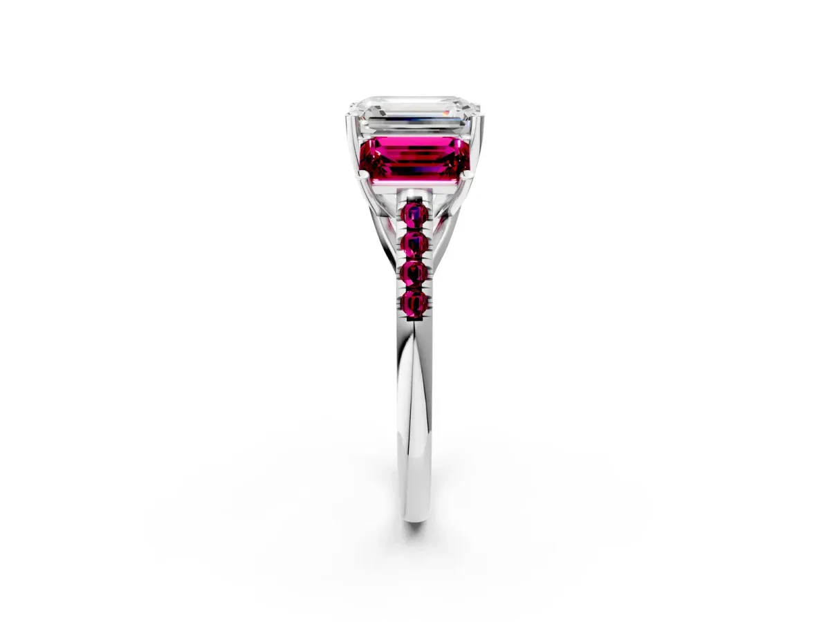 Three-Stone Emerald Cut Diamond Ring with Round Garnet Pavé Band and Prong Setting Platinum