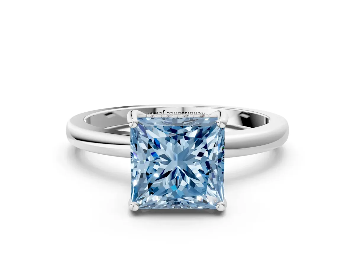 Fancy Blue Princess Cut Solitaire Diamond Ring with Prong Setting and Plain Band Silver