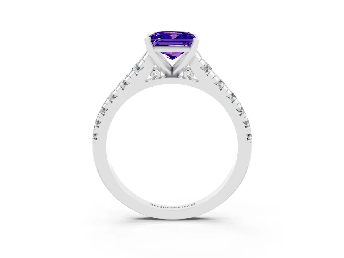Princess Cut Tanzanite Cathedral Solitaire Ring with Round Pavé Band Silver
