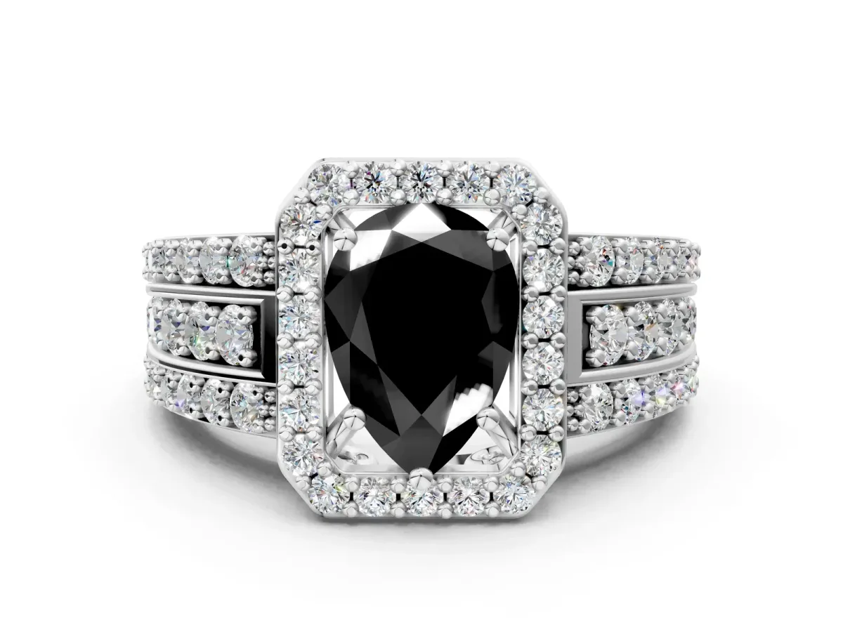 Fancy Black Pear Cut Halo Diamond Ring with Round Split Shank and Prong Setting Platinum