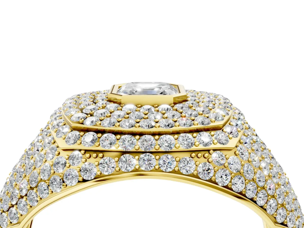 Asscher Cut Diamond Bezel Set Pavé Dome Mens Ring Yellow gold