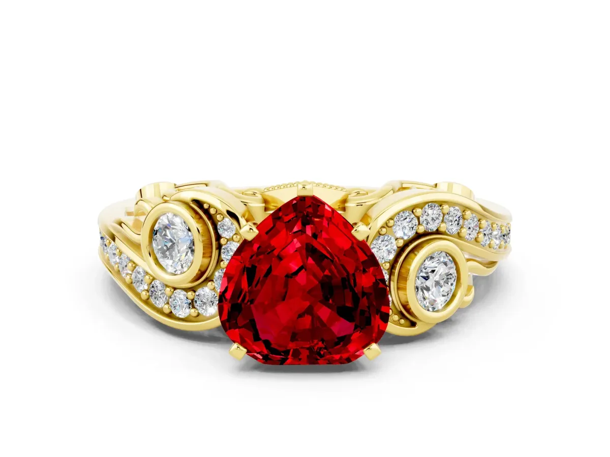 Heart Cut Ruby Solitaire Ring with Milgrain Pavé Band and Four-Prong Setting Yellow gold