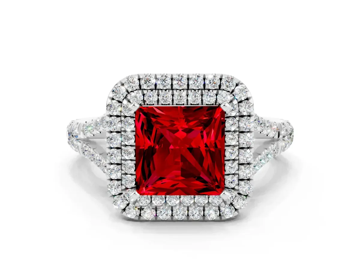 Double Halo Princess Cut Ruby Split Shank Engagement Ring with Four-Prong Setting White gold
