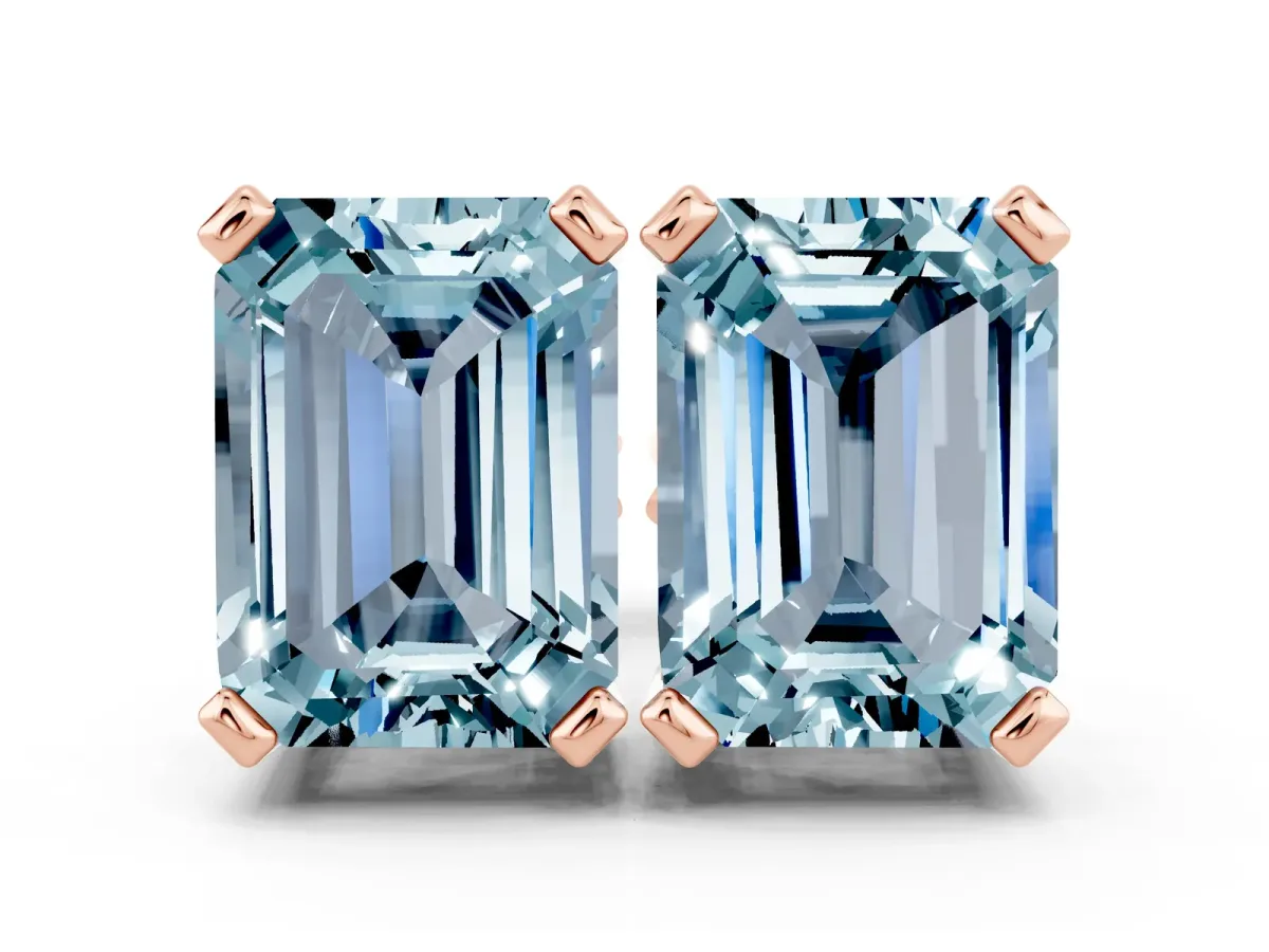 Emerald Cut Aquamarine Stud Earrings Rose gold