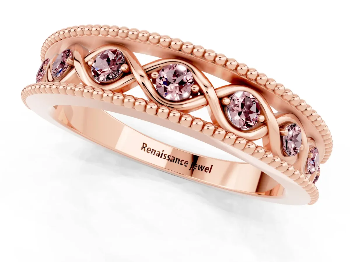 Round Morganite Twist Milgrain Band with Bezel Setting Rose gold