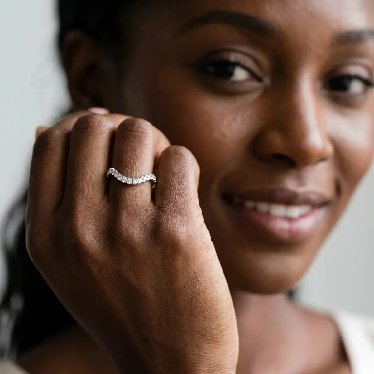 Curved Pavé Round Diamond Eternity Band with Shared Prong Setting Silver