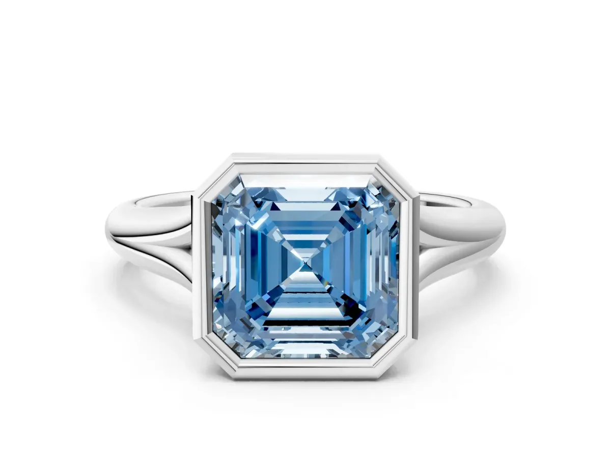 Fancy Blue Bezel Set Asscher Cut Solitaire Diamond Ring with Smooth Band Platinum