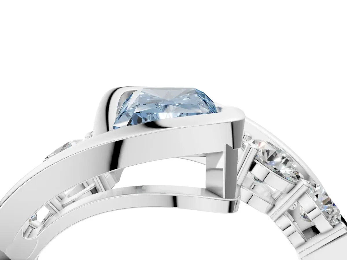 Fancy Blue Bezel Set Radiant Cut Diamond Bypass Ring with Round Accents Silver