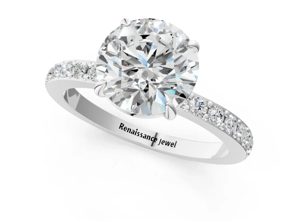 Round Cut Diamond Solitaire Engagement Ring with Pavé Band and Four-Prong Setting Silver