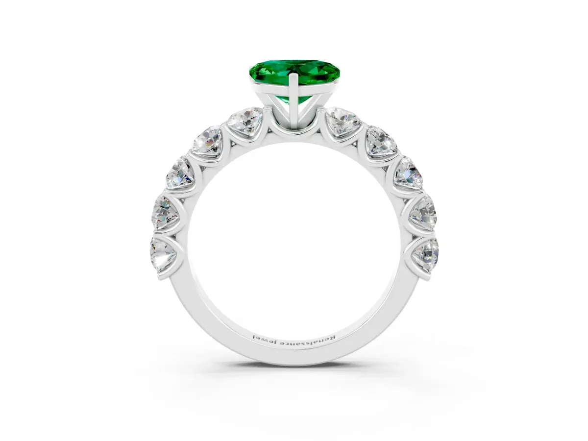 Heart Cut Emerald Prong Setting with Side Stones on a Pave Band Platinum