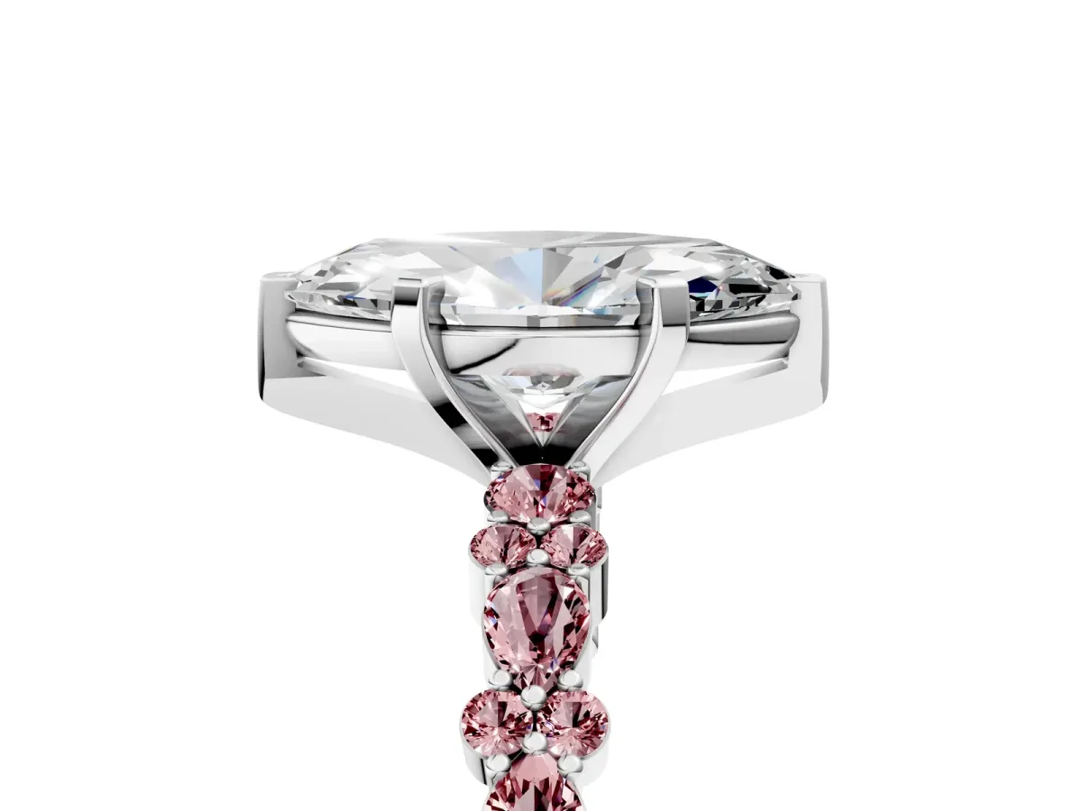 Marquise Cut Diamond Side Stone Solitaire Ring with Round Morganite and Four-Prong Setting Silver