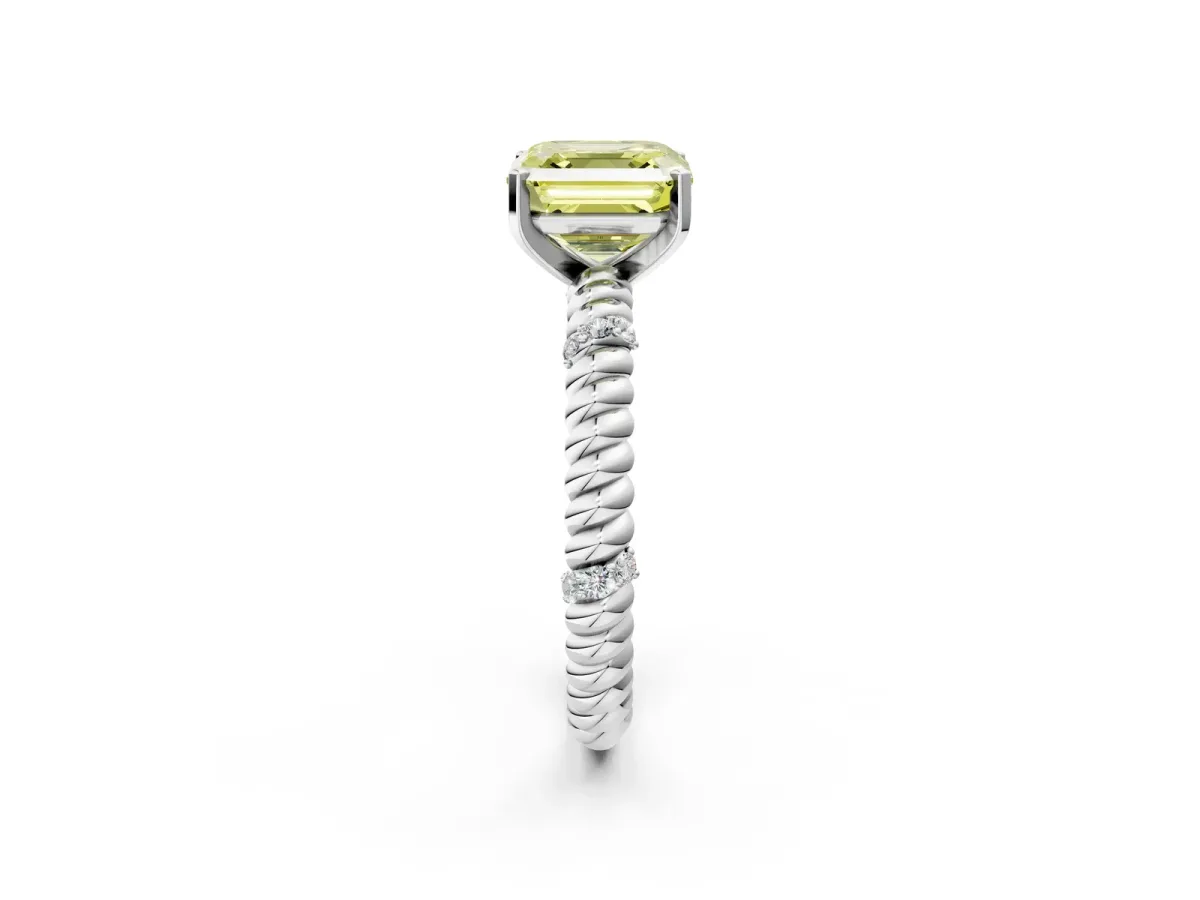 Fancy Yellow Asscher Cut Solitaire Twisted Band Prong Set Engagement Ring Platinum