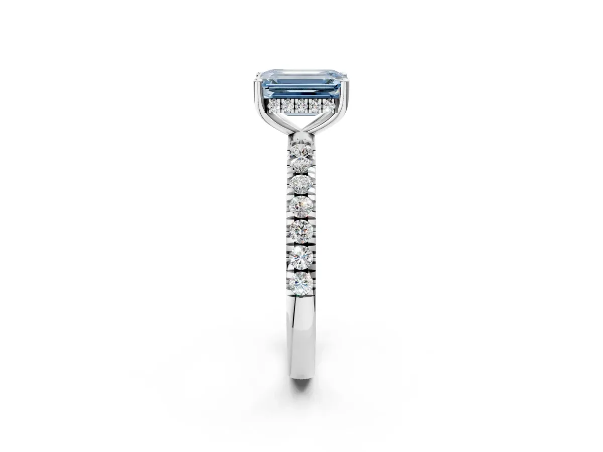 Fancy Blue Emerald Cut Diamond Pave Band Solitaire Ring with Round and Prong Setting Platinum