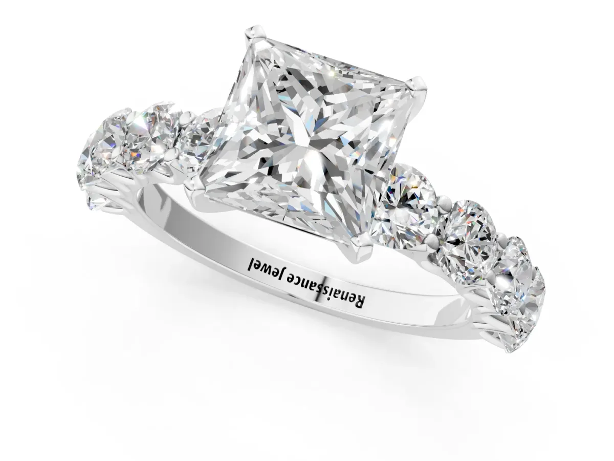 Princess Cut Diamond Prong Setting with Side Stones on a Pave Band Silver