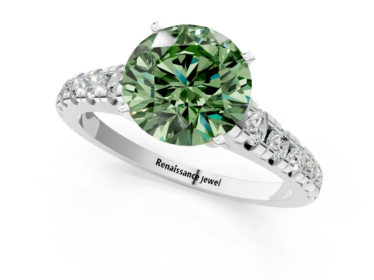Fancy Green Round Cut Diamond Cathedral Solitaire Ring with Round Pavé Band Platinum