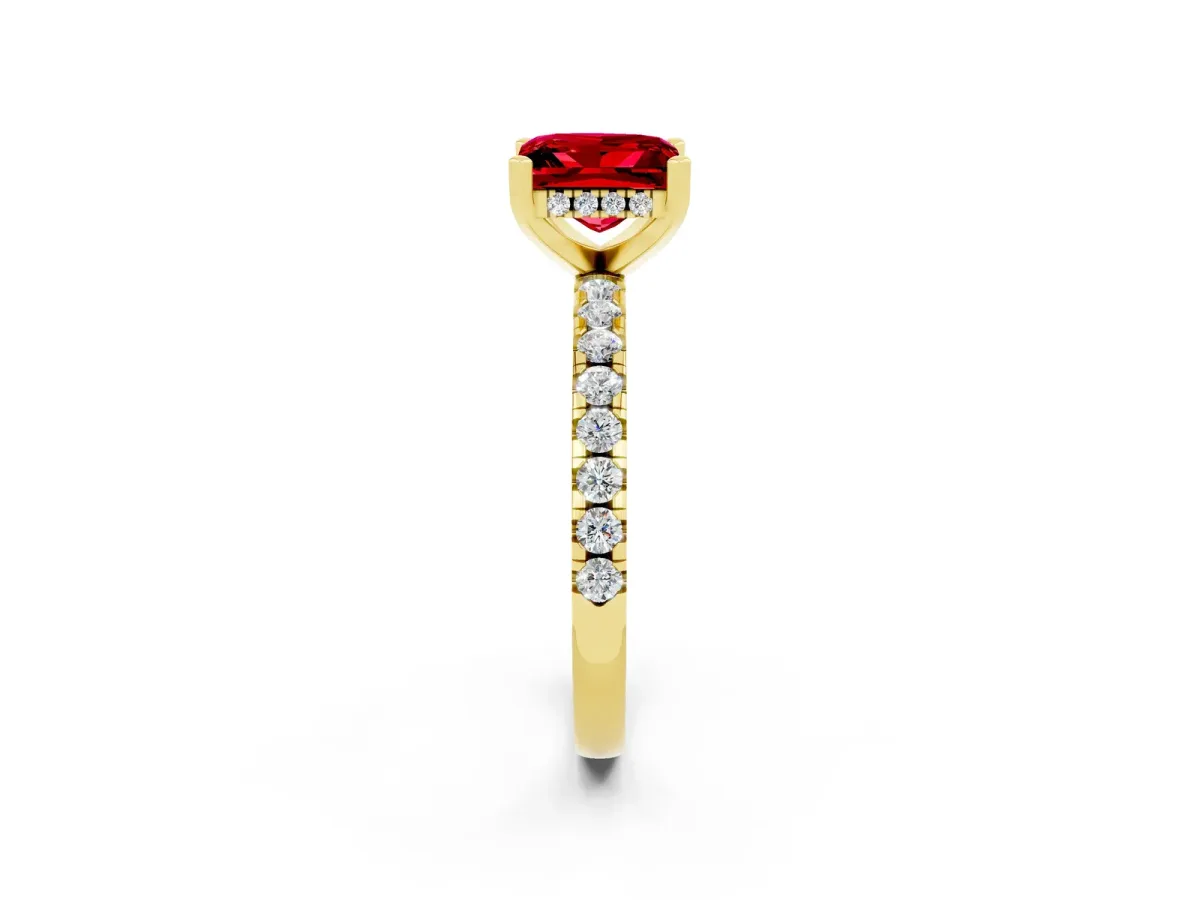 Princess Cut Ruby Solitaire Ring with Round Pavé Band and Four-Prong Setting Yellow gold