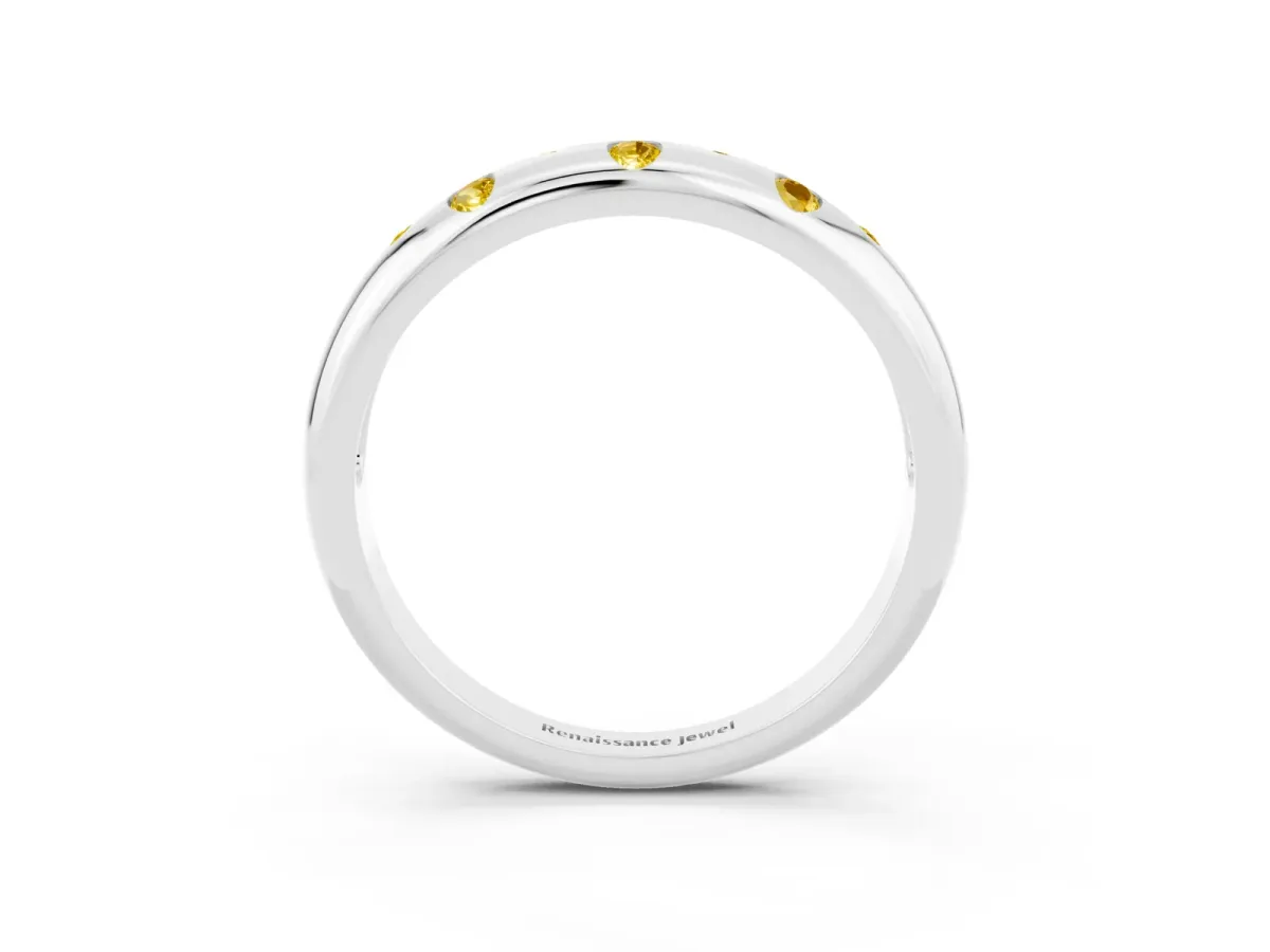 Round Yellow Sapphire Flush-Set Comfort Fit Band White gold