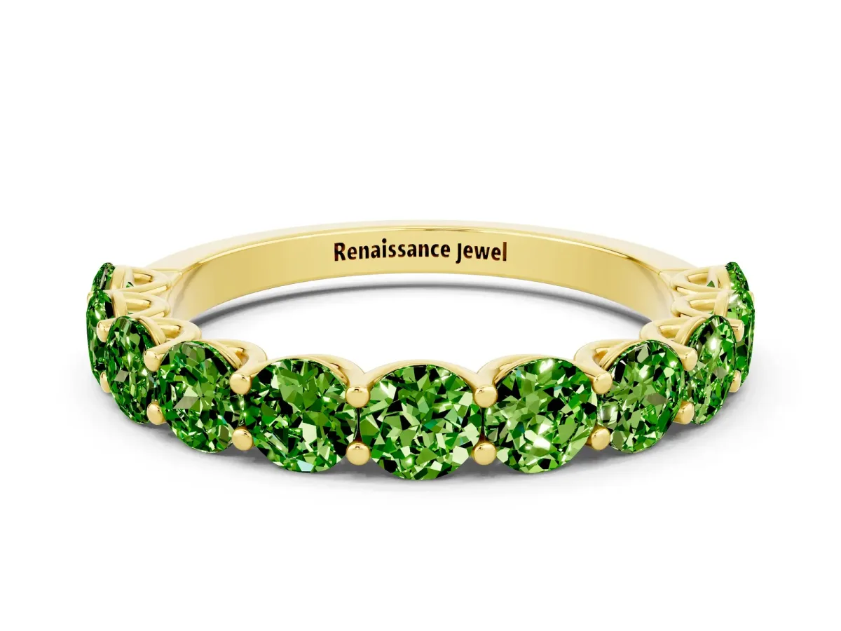 Round Peridot Shared Prong Eternity Band Yellow gold