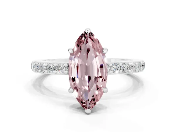 Marquise Cut Morganite Solitaire Engagement Ring with Pavé Band and Four-Prong Setting Platinum