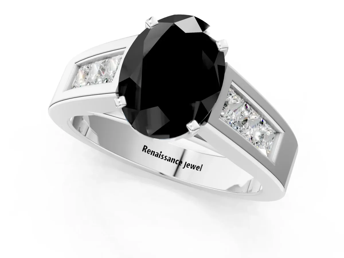 Fancy Black Oval Cut Cut Channel Set Solitaire Ring with Four-Prong Setting White gold