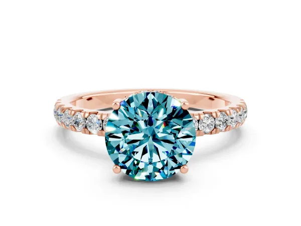 Round Cut Blue Topaz Pave Band Solitaire Ring with Round and Prong Setting Rose gold