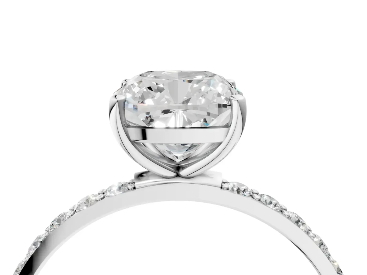 Cushion Cut Diamond Solitaire Ring with Round Pavé Shoulders and Prong Setting Silver