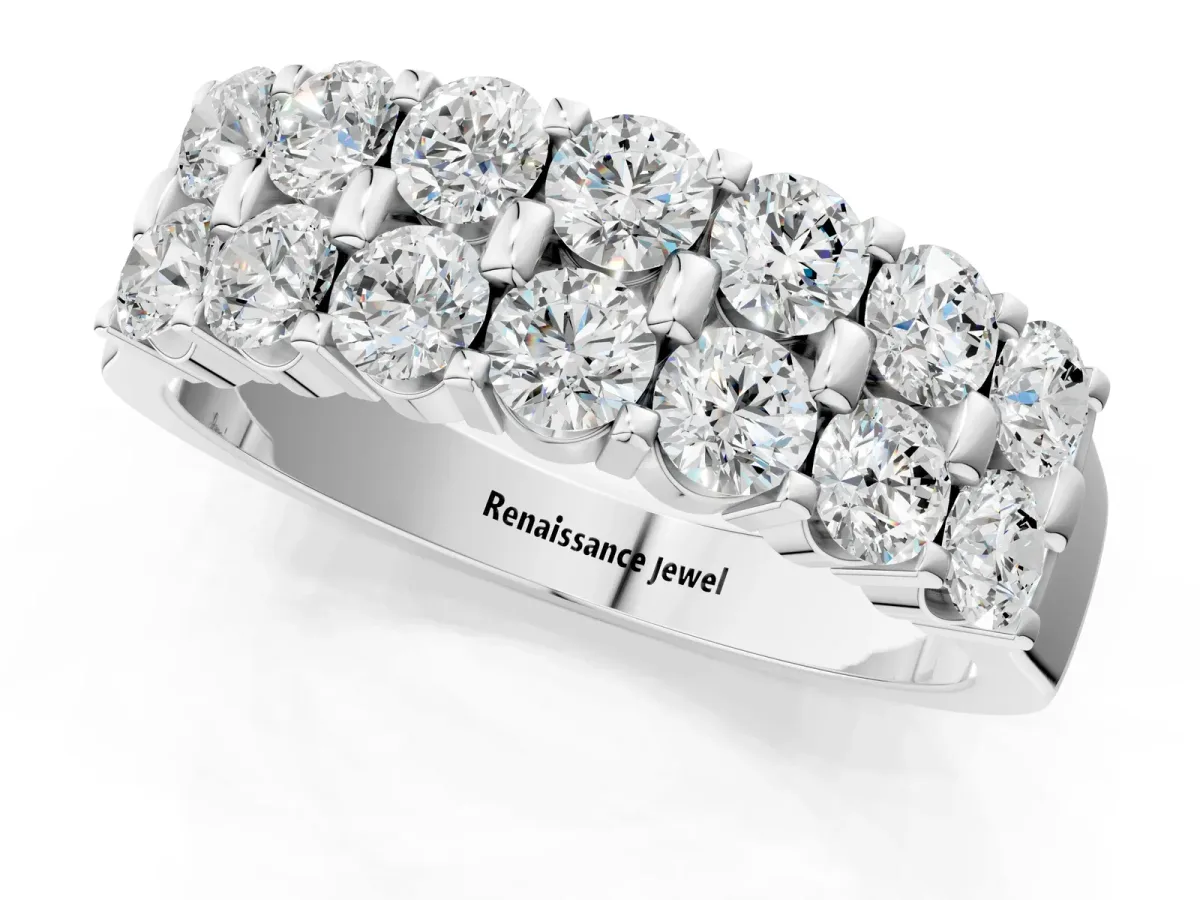 Three-Row Round Diamond Channel Band with Shared Prong Setting White gold