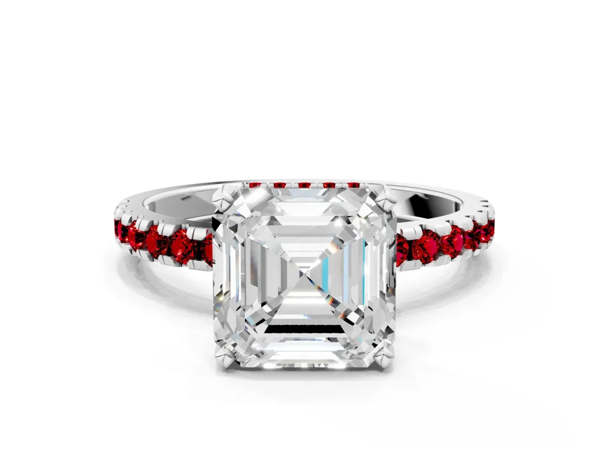 Asscher Cut Diamond Solitaire Ring with Round Ruby Pavé Band and Four-Prong Setting Platinum