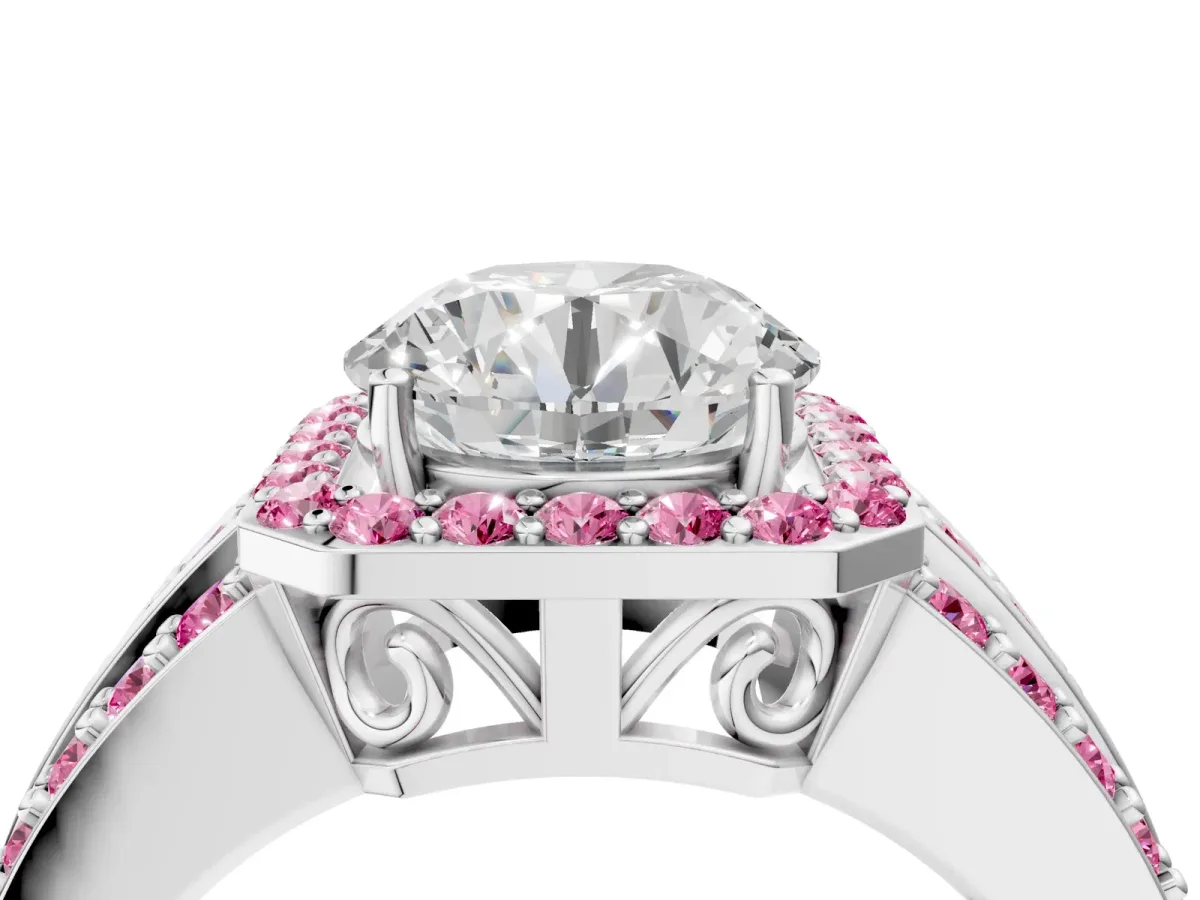 Round Cut Halo Diamond Ring with Round Pink Sapphire Split Shank and Prong Setting Silver