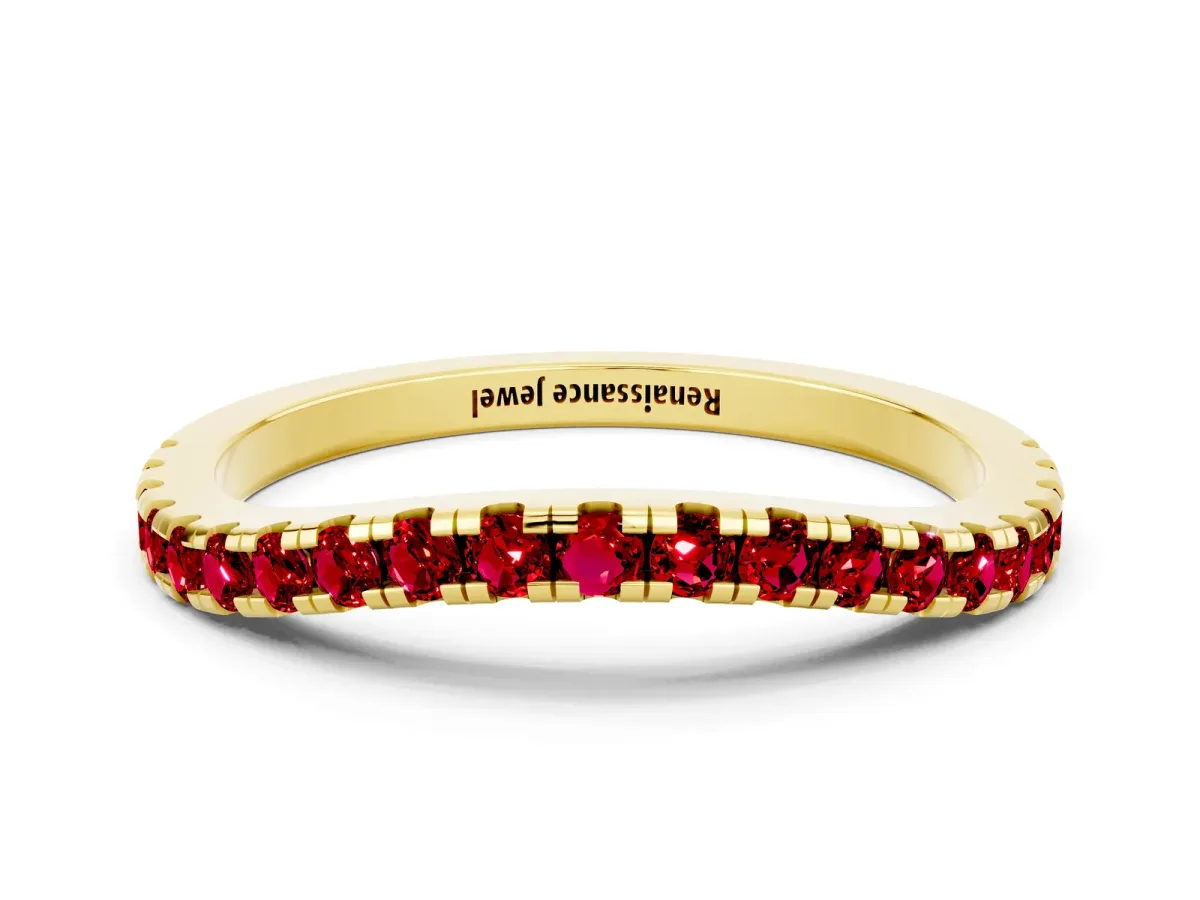 Round Ruby Pavé Half Eternity Band with Shared Prong Setting Yellow gold